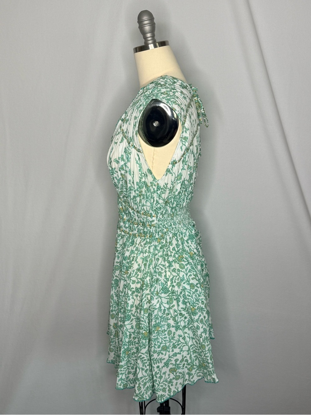 Poupette St Barth M Green Floral Boho Mini Dress Deep V - Picture 4 of 13